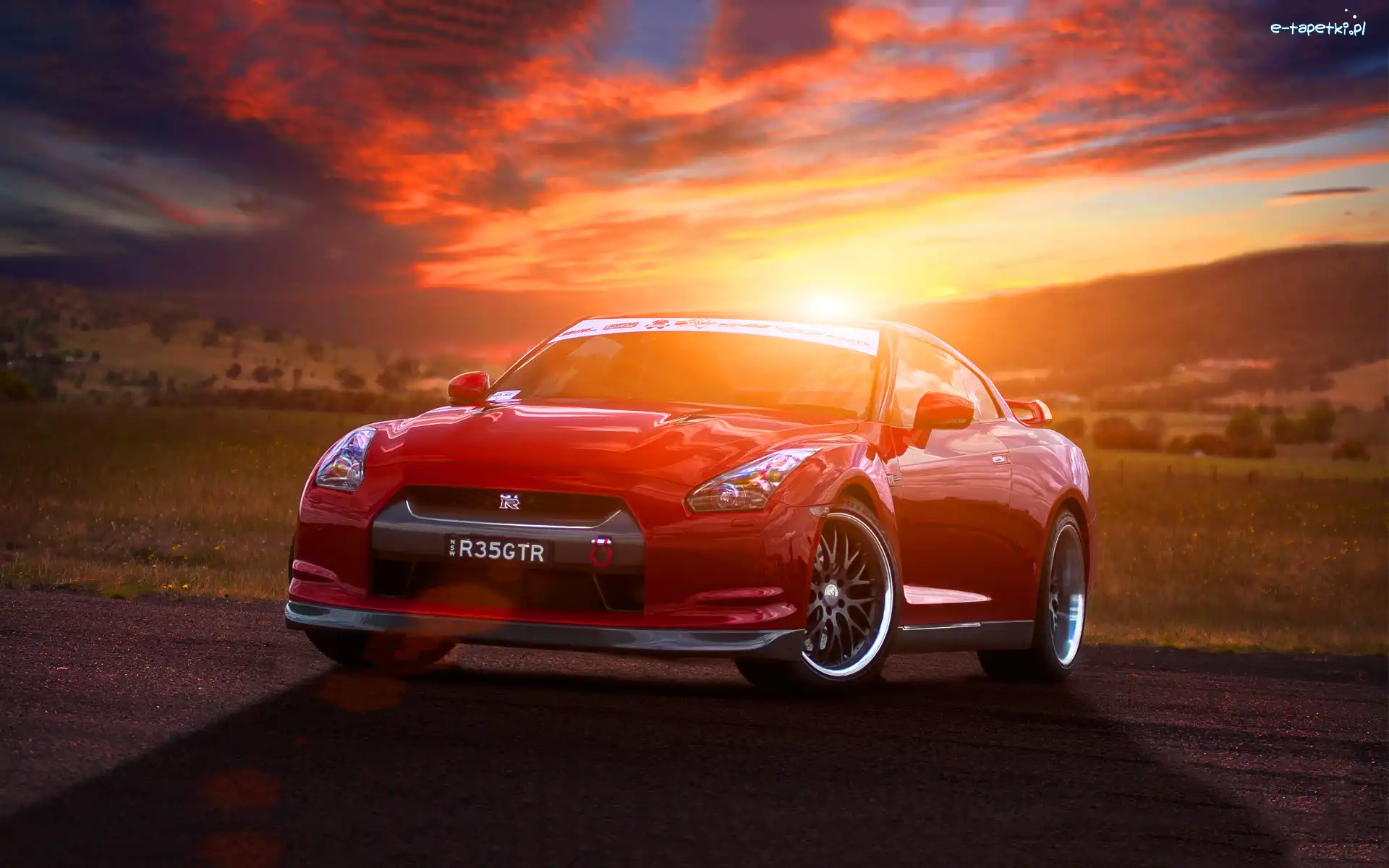 Samochód, Nissan Gtr35, Czerwony, Zachód Słońca, Droga