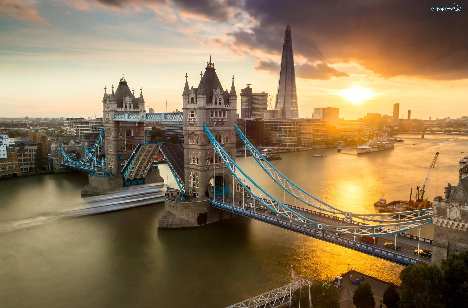 Słońca, Statki, Wschód, Tower Bridge, Most, Rzeka