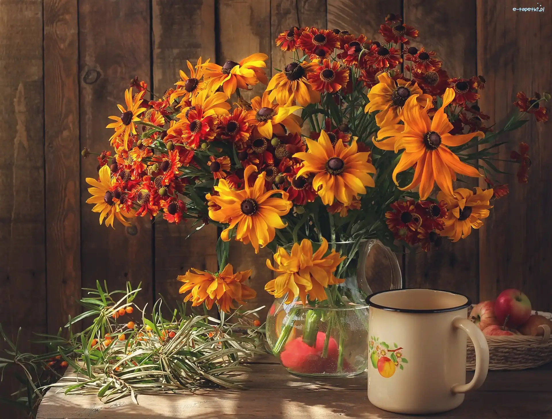 Garnuszek, Kwiatów, Rudbekia, Bukiet, Kompozycja, Jabłka, Dzielżan