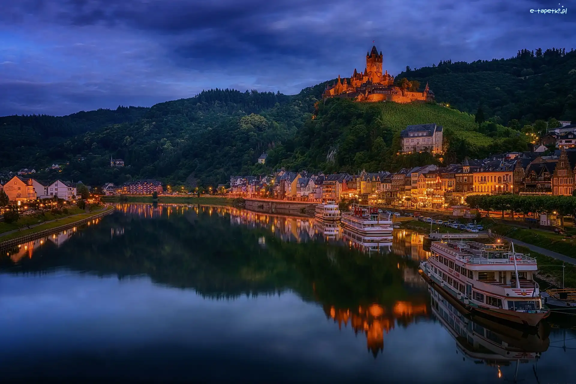 Zmrok, Niemcy, Rzeka Mozela, Miasto Cochem, Zamek Reichsburg, Światła, Statki