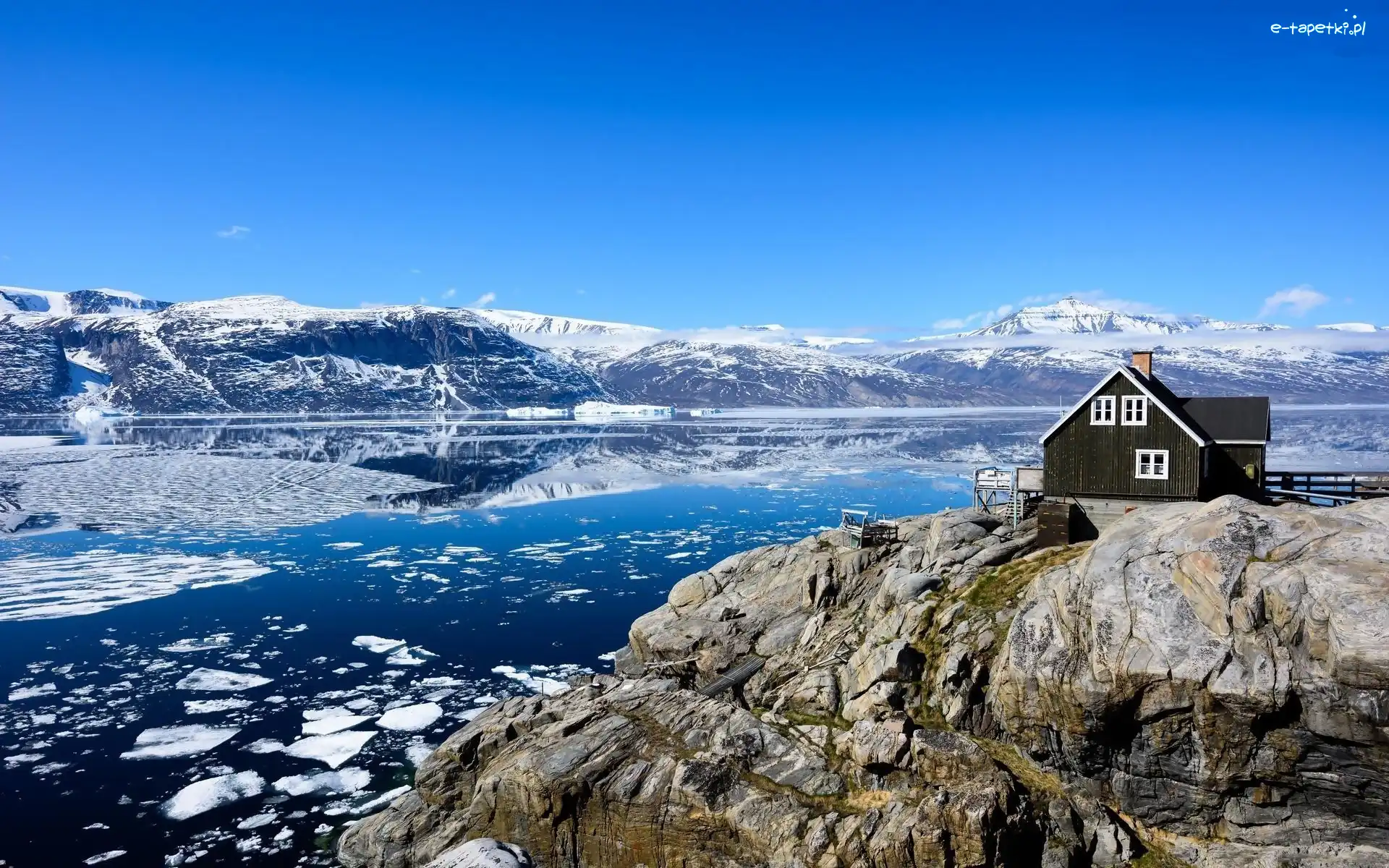 Rzeka, Dom, Góry, Zima, Grenlandia, Wyspa Uummannaq