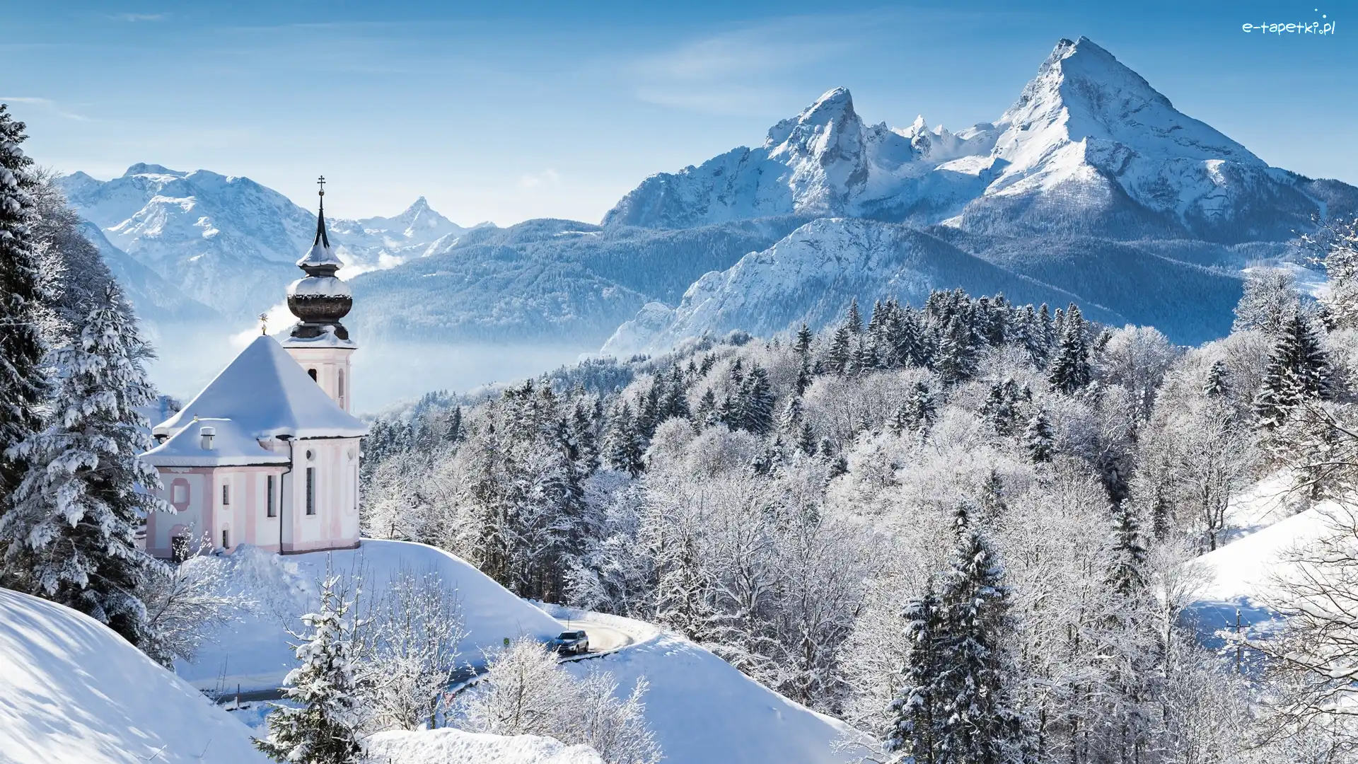 Berchtesgaden, Las, Kościół, Góry, Zima, Samochód, Droga