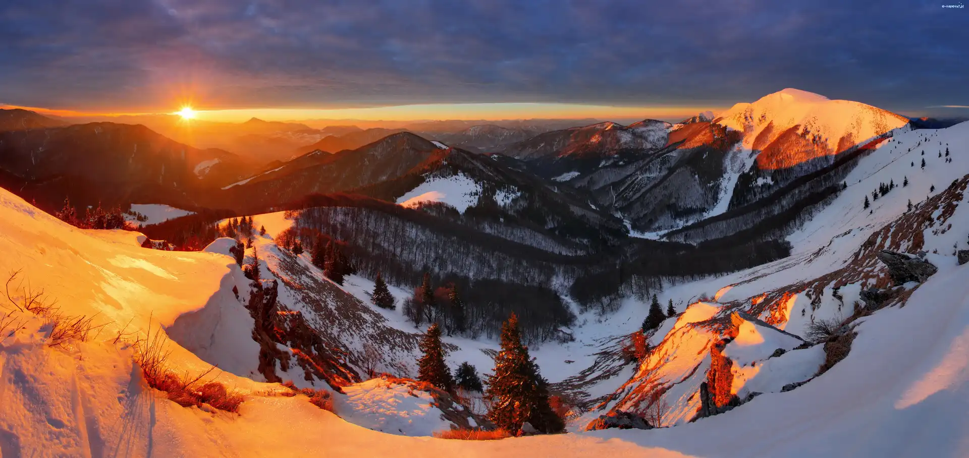 Góry, Panorama, Zachód słońca, Zima