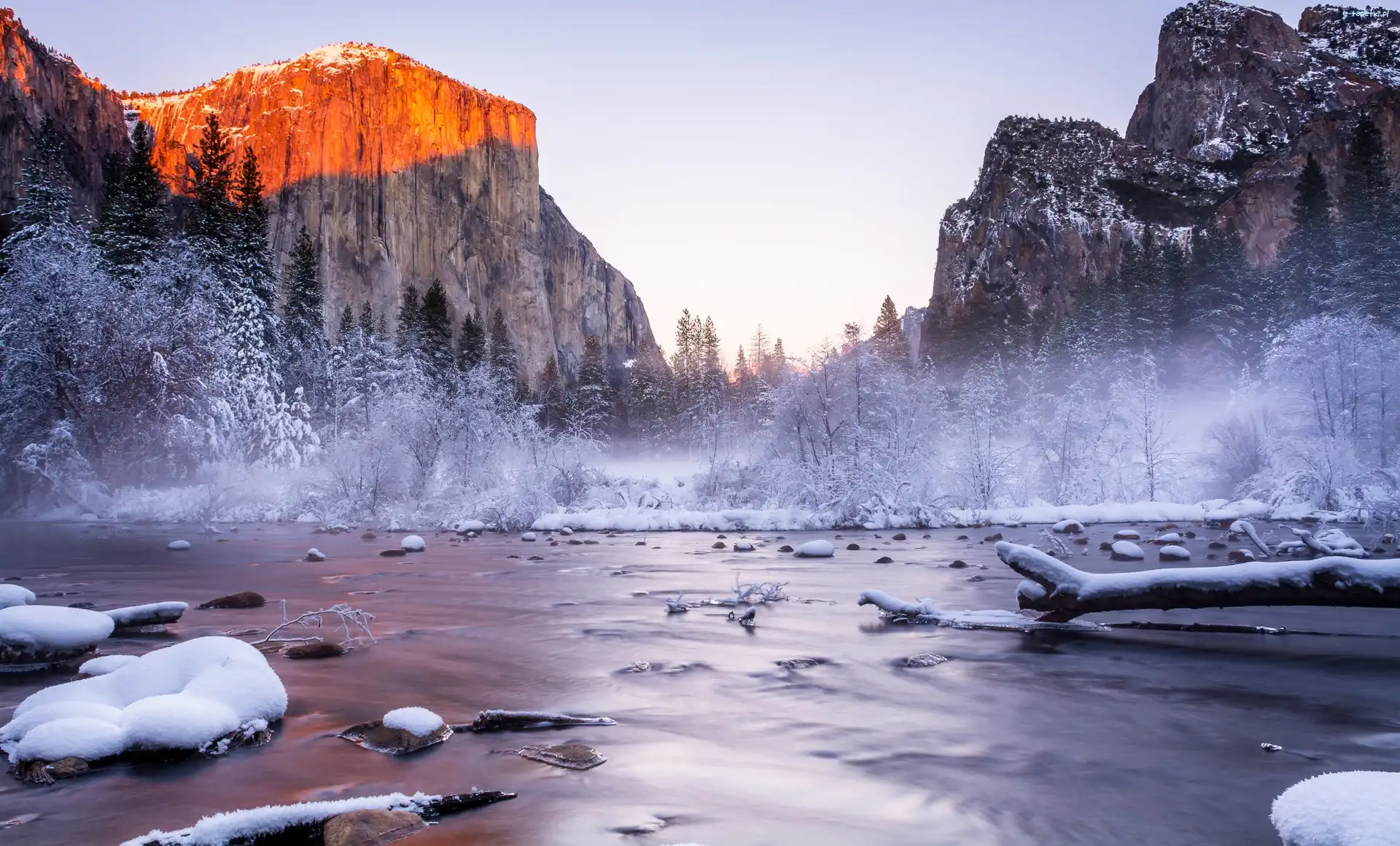 Drzewa, Park Narodowy Yosemite, Zima, Stan Kalifornia, Stany Zjednoczone, Rzeka, Góry