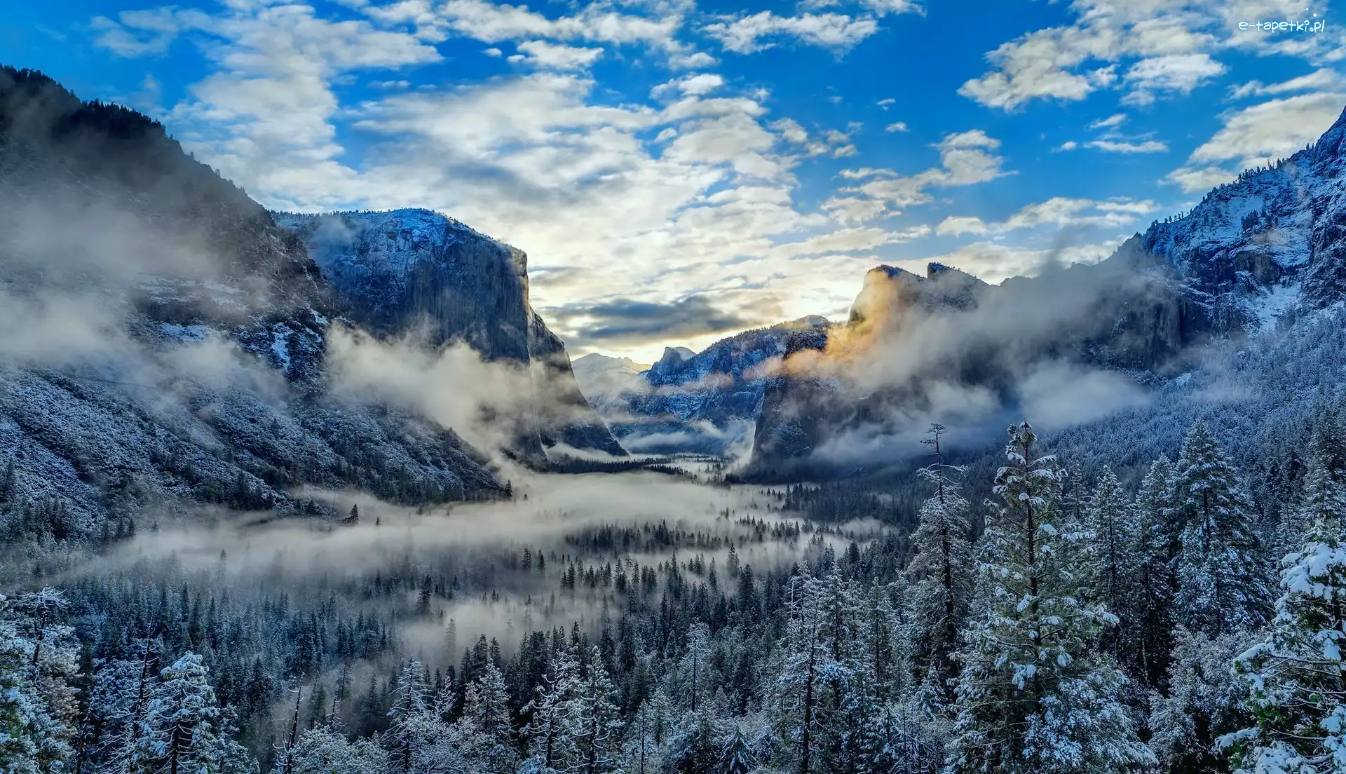 Zima, Dolina Yosemite Valley, Góry, Mgła, Park Narodowy Yosemite, Kalifornia