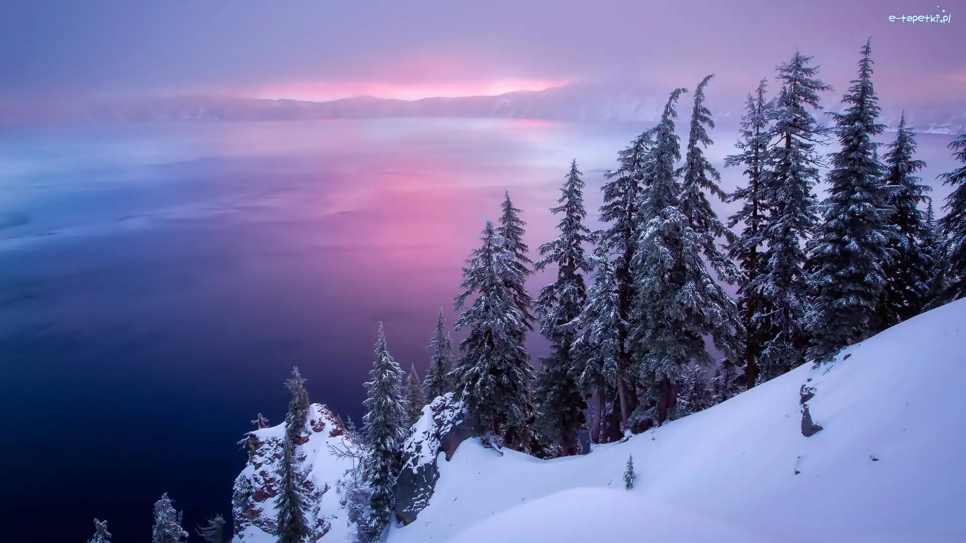 Stany Zjednoczone, Jezioro Kraterowe, Oregon, Świerki, Zima