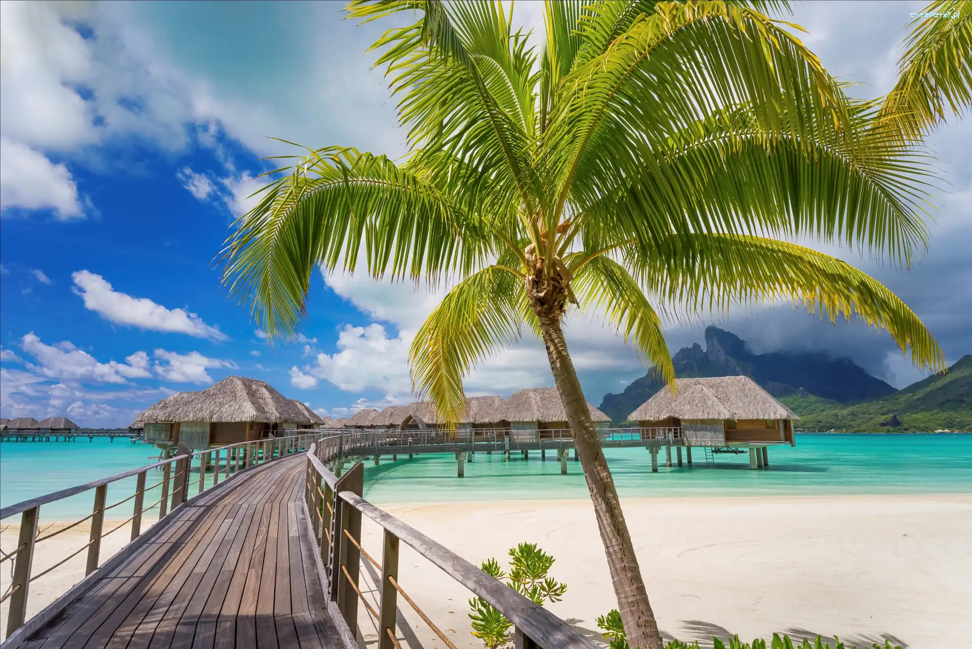 Góra Otemanu, Molo, Morze, Palma, Domki, Bora Bora