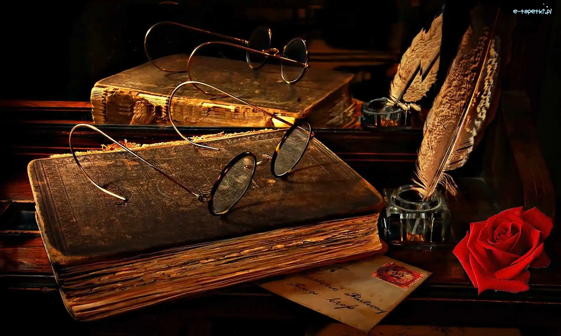 Odbicie, Pióro, Lustro, Kompozycja, Okulary, Książki