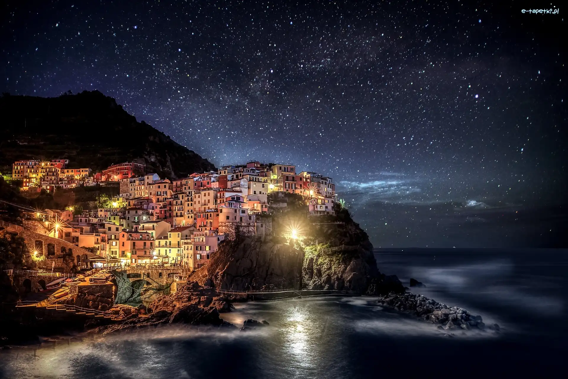 Noc, Park Narodowy Cingue Terre, Domy, Gwiazdy, Manarola, Włochy