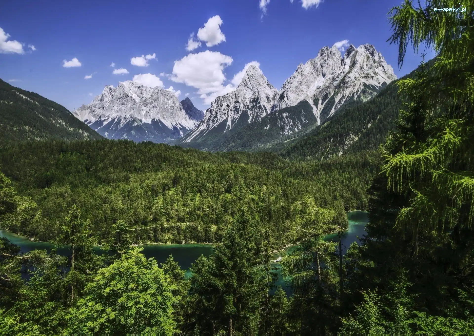 Wettersteingebirge, Góry, Rzeka, Lasy, Alpy bawarskie, Szczyt, Zugspitze, Niemcy