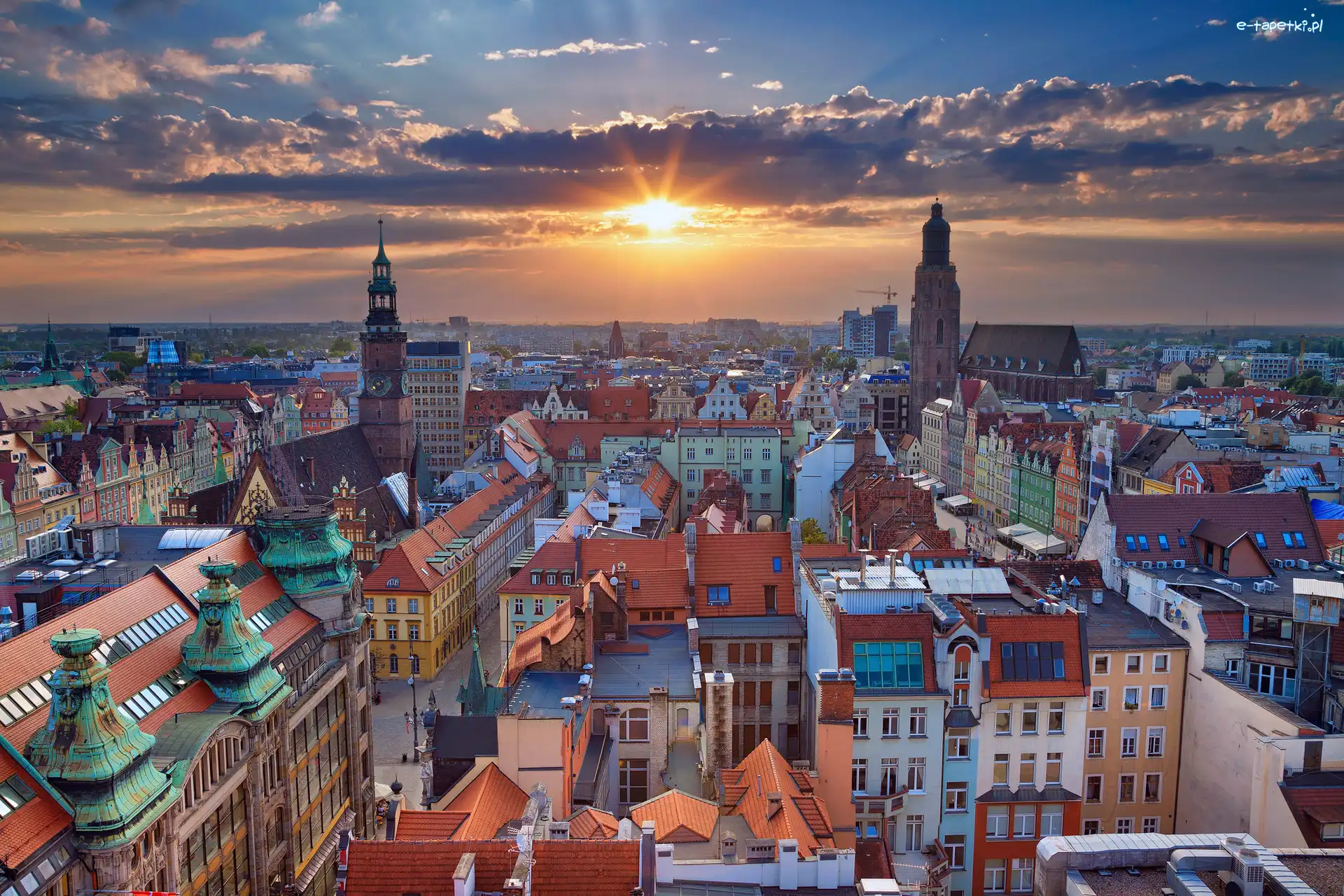 Wrocław, Zachód słońca, Panorama miasta, Polska