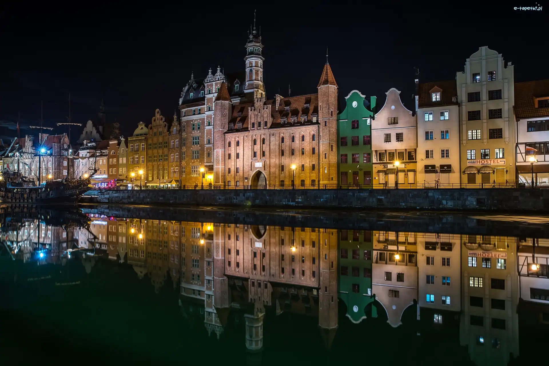 Polska, Kamienice, Gdańsk, Miasto nocą, Rzeka