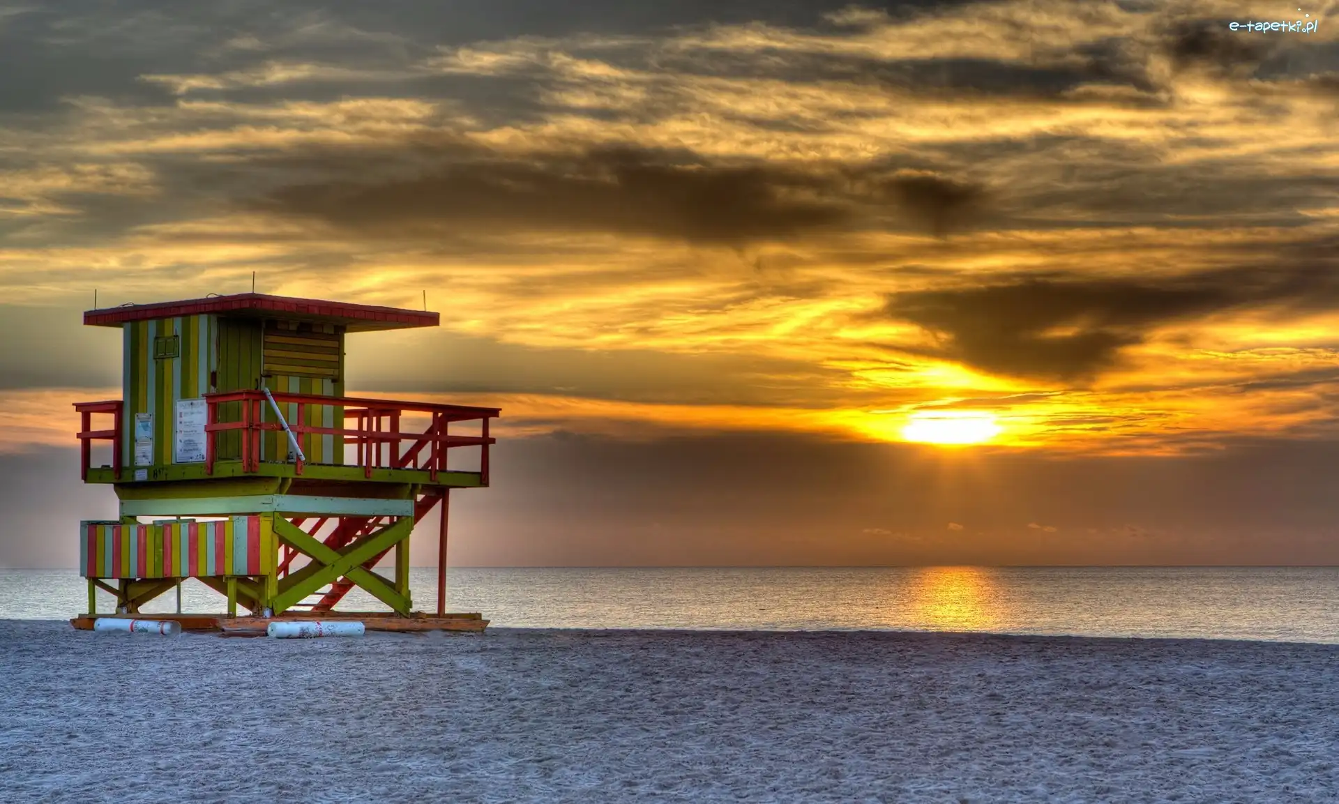 Plaża, Floryda, Zachód słońca, Morze, Miami Beach, Budka, Ratownika, Stany Zjednoczone