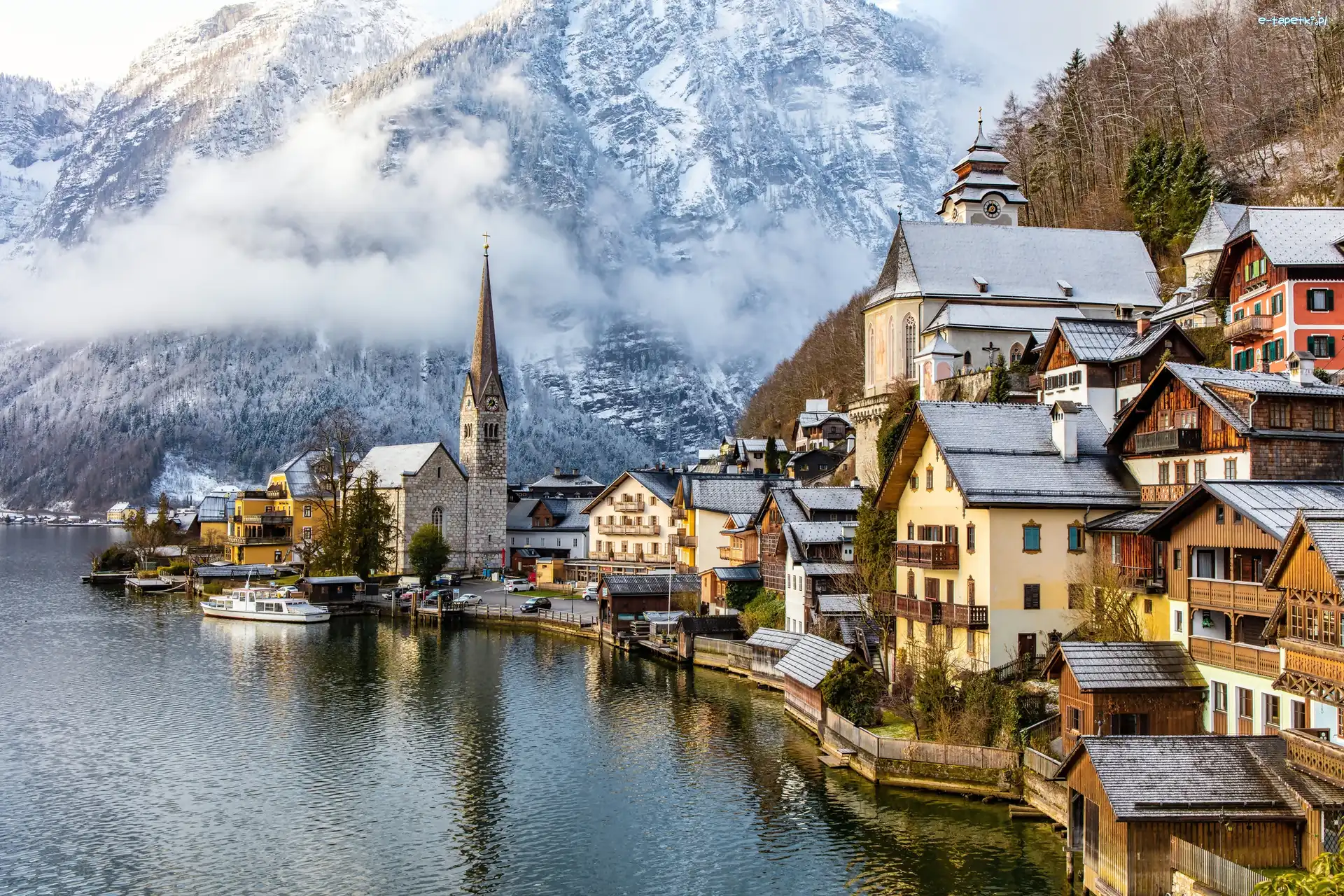 Jezioro, Domy, Góry, Zima, Hallstatt, Austria
