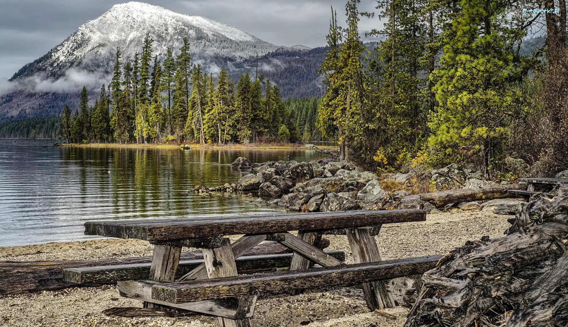 Ławki, Park Stanowy Lake Wenatchee, Góry, Stan Waszyngton, Stany Zjednoczone, Drzewa, Jezioro