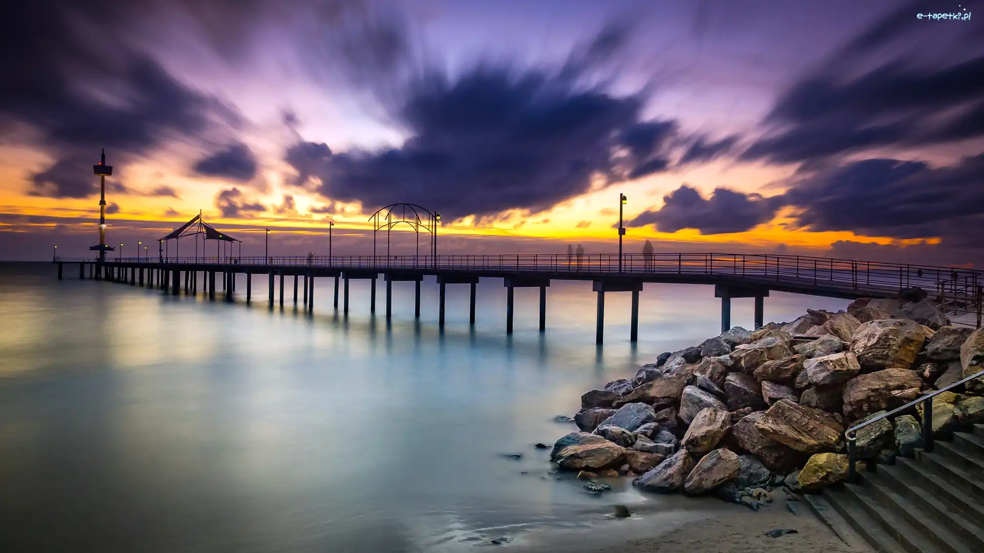 Zachód słońca, Molo, Morze, Kamienie, Brighton Beach, Australia