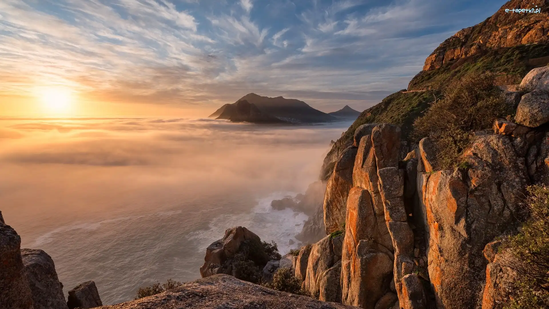 Republika Południowej Afryki, Skały, Morze, Zachód słońca, Góra Chapmans Peak