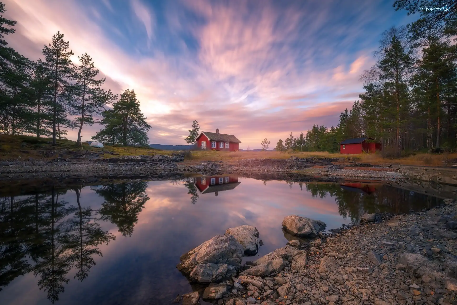 Norwegia, Jezioro Vaeleren, Ringerike, Drzewa, Dom