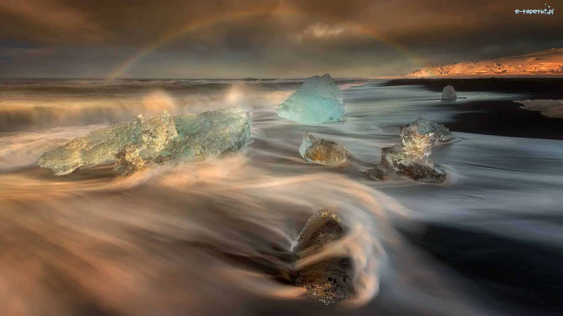 Islandia, Bryły, Morze, Tęcza, Lód