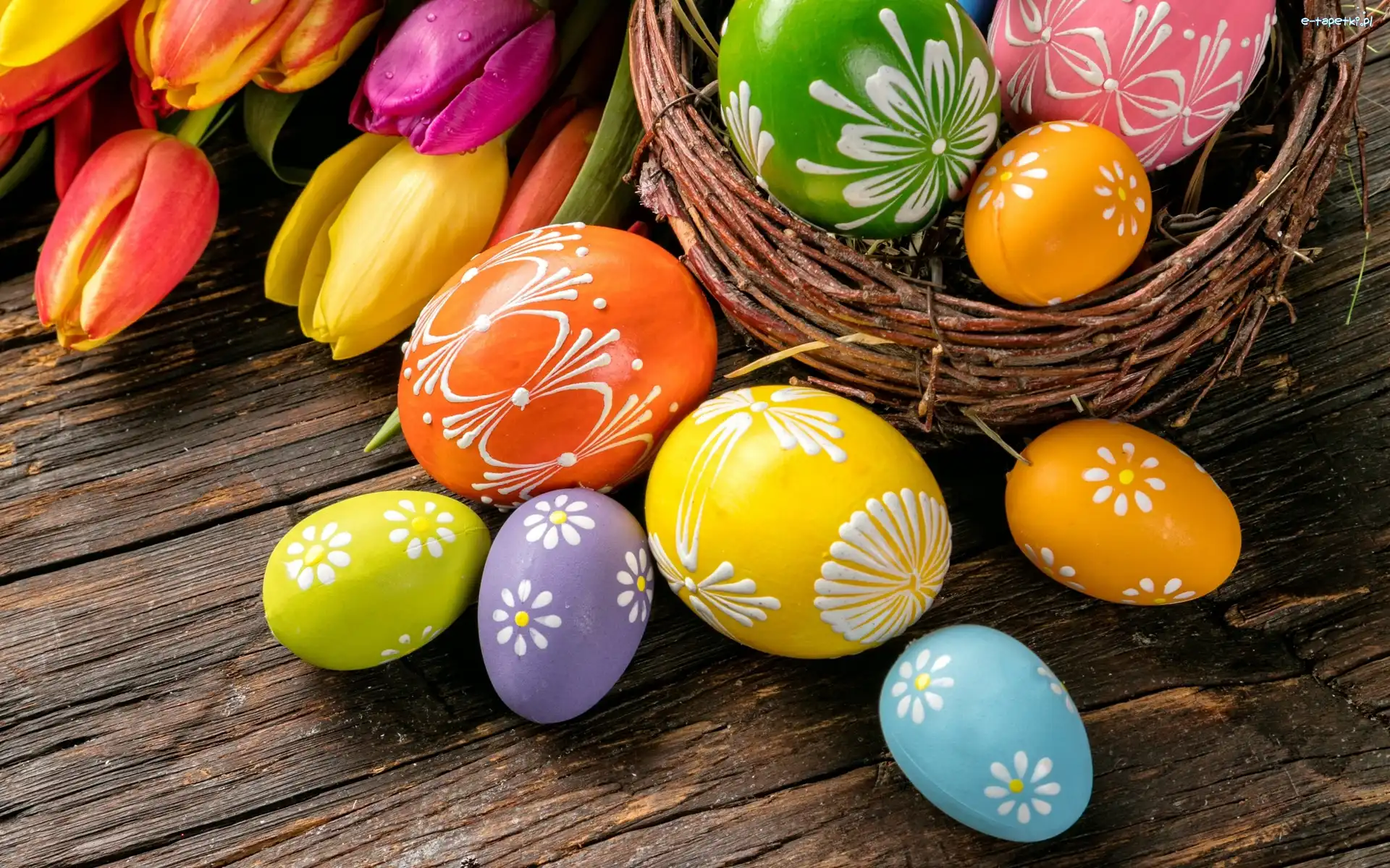 Wielkanoc, Pisanki, Jajka, Kompozycja, Tulipany