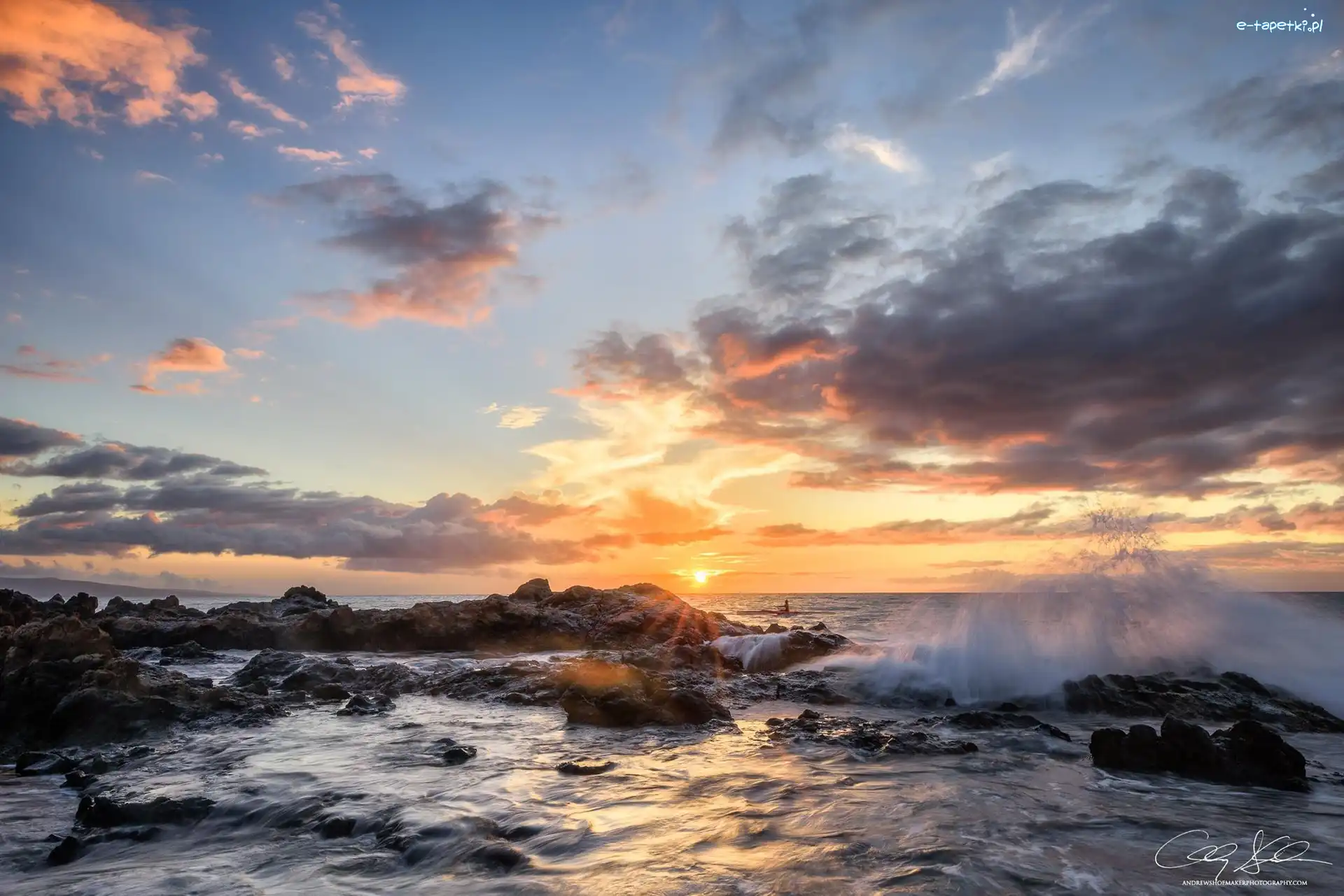 Skały, Morze, Zachód słońca, Maui, Hawaje, Fale, Chmury