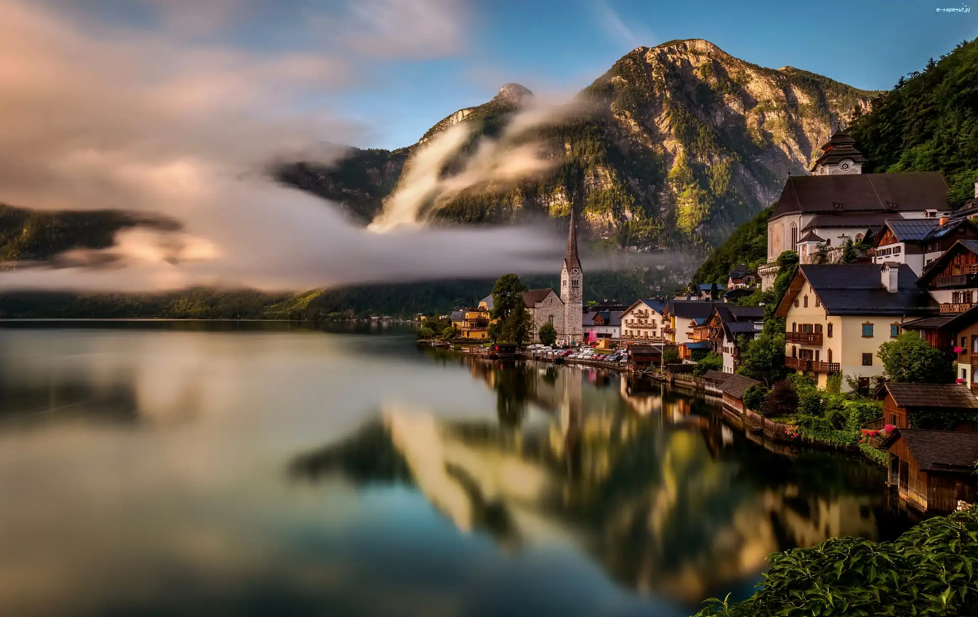 Odbicie, Jezioro, Góry, Hallstatt, Austria, Domy, Alpy Salzburskie