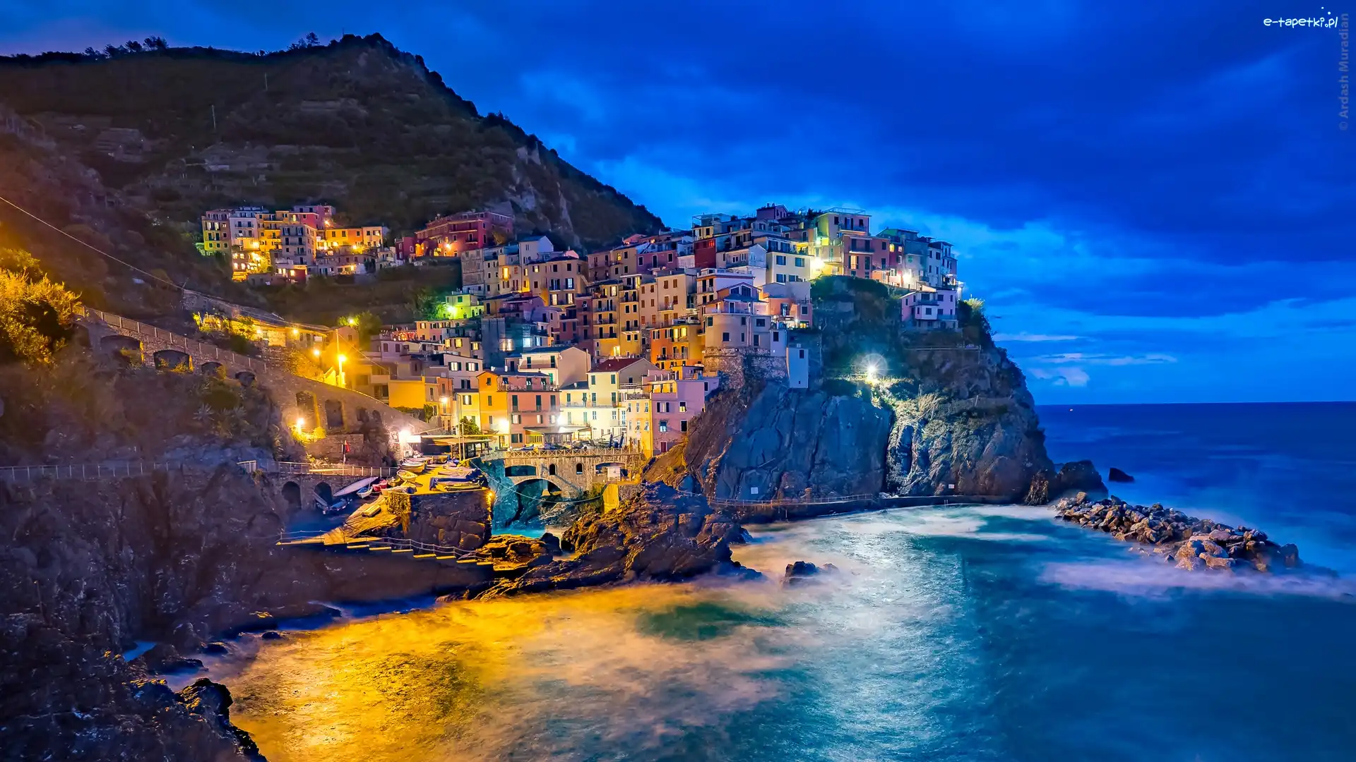 Skały, Domy, Morze, Wybrzeże, Manarola, Włochy