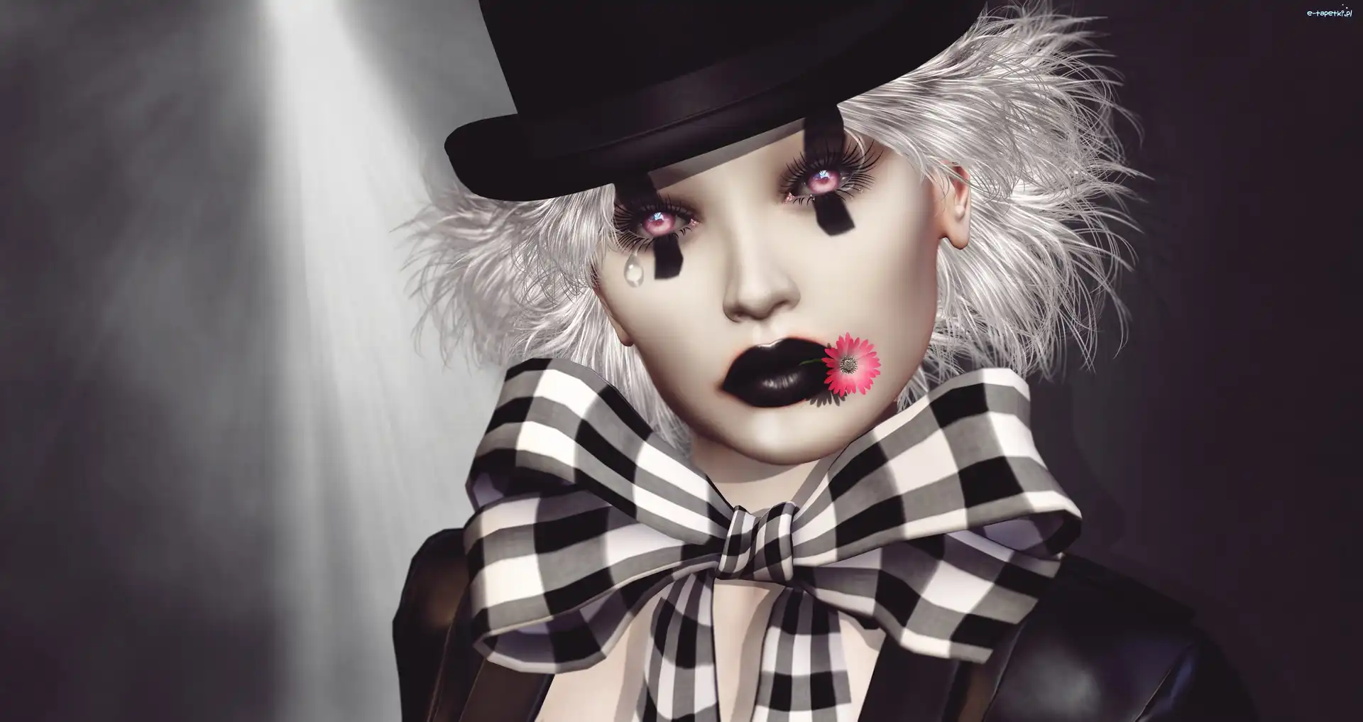 Grafika 2D, Makijaż, Kokarda, Pierrot, Kapelusz, Kobieta