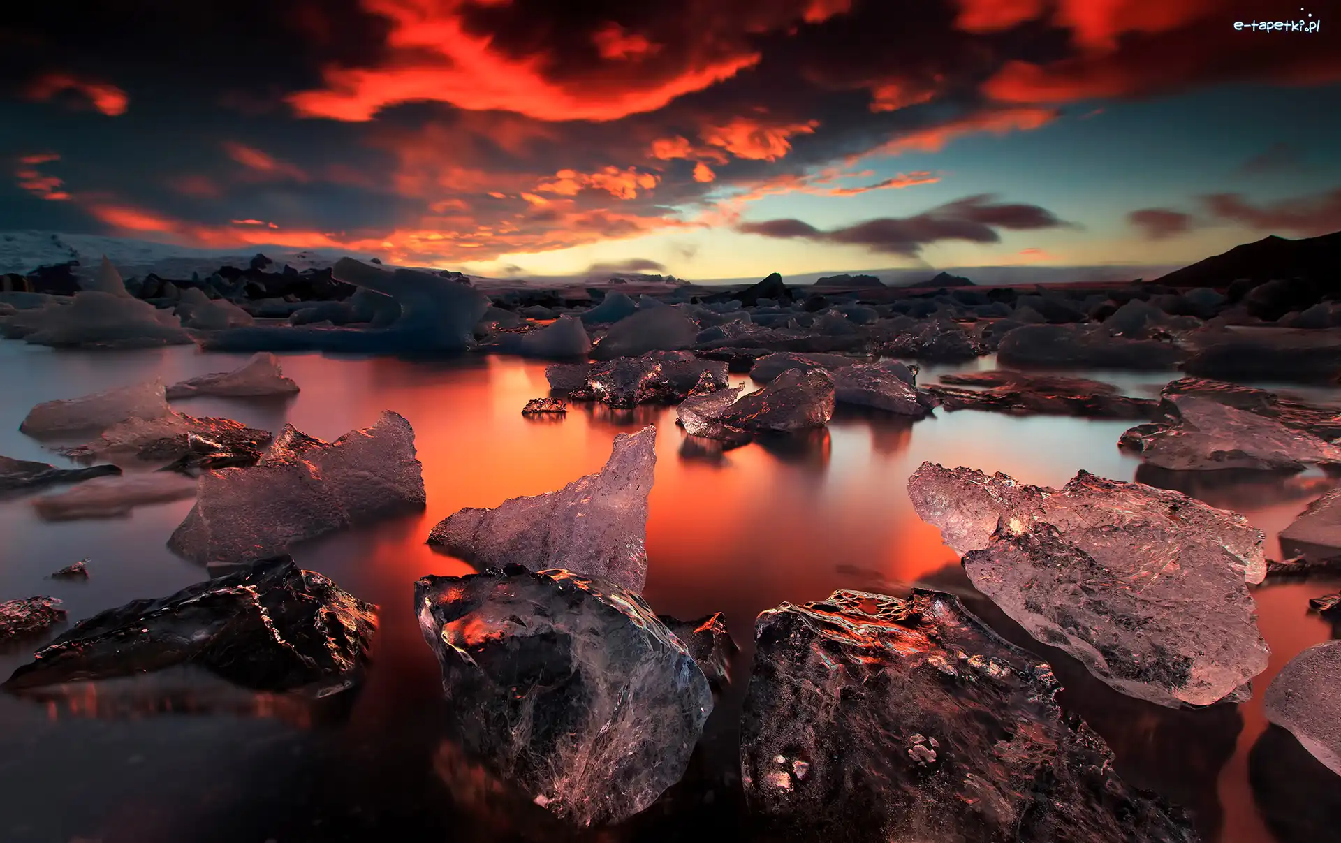 Islandia, Zachód słońca, Jezioro Jokulsarlon, Lód, Zima