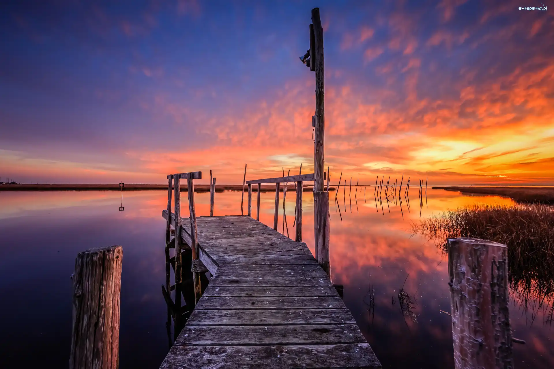 Pomost, Zatoka Great Bay, Jezioro, Zachód słońca, Stan New Jersey, Stany Zjednoczone