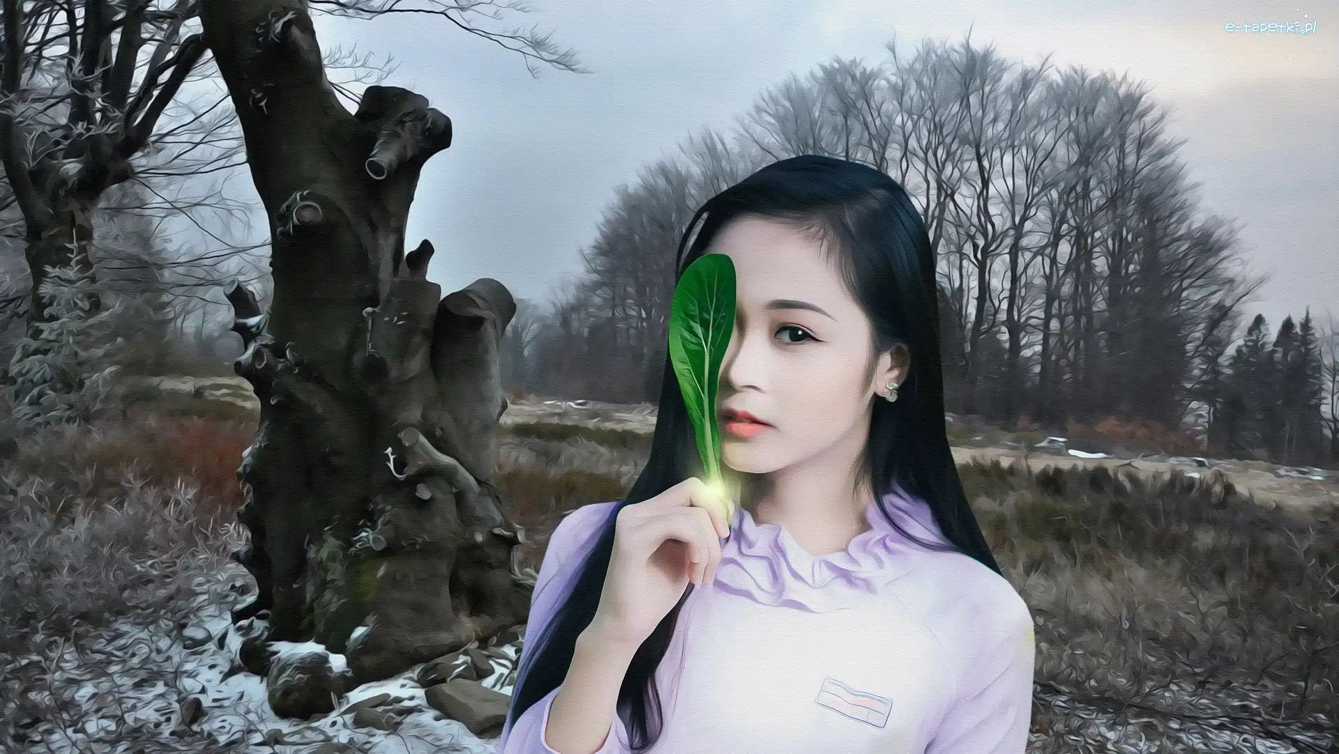 Dziewczyna, Listek, Brunetka, Drzewa, Fractalius