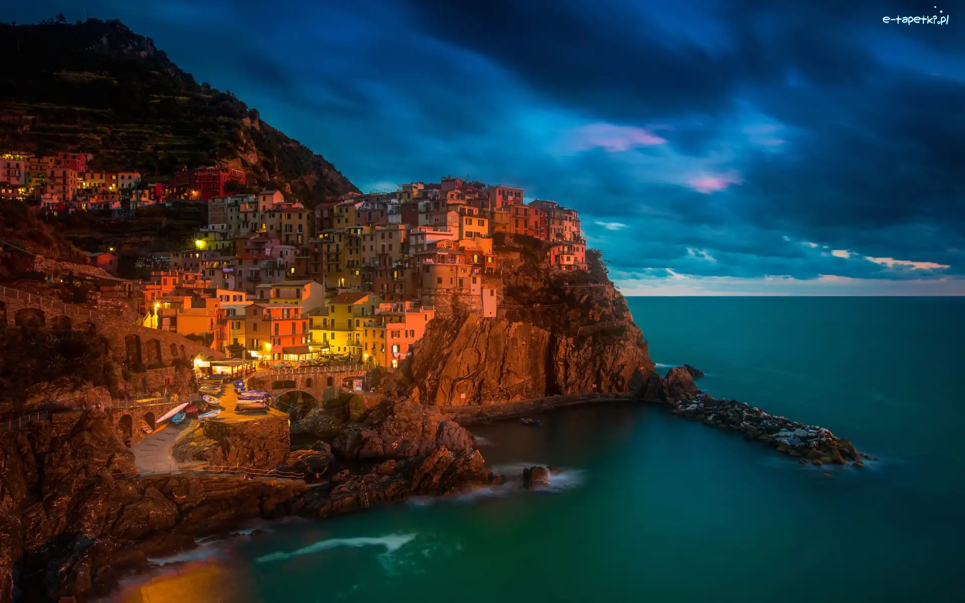 Włochy, Morze, Manarola, Domy, Noc