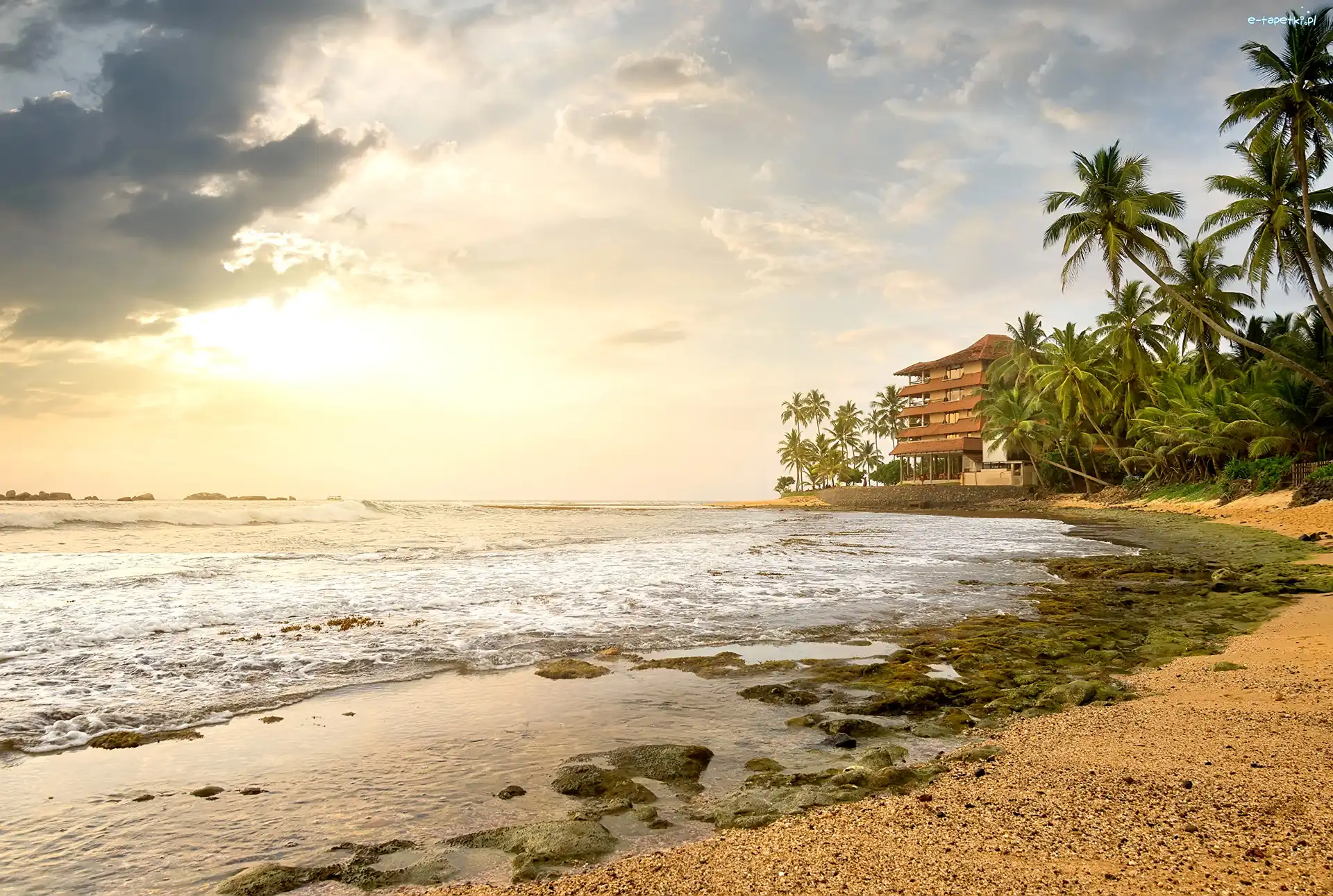 Sri Lanka, Plaża, Ocean, Palmy, Dom