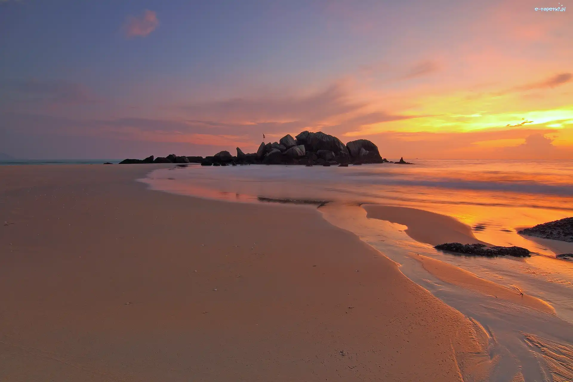 Plaża, Zachód Słońca, Skały, Morze
