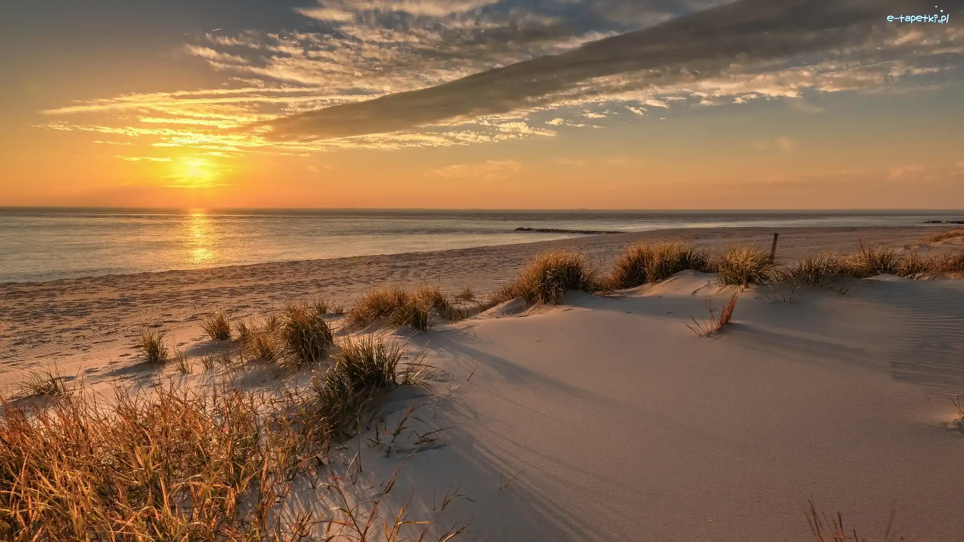 Plaża, Trawy, Zachód słońca, Morze
