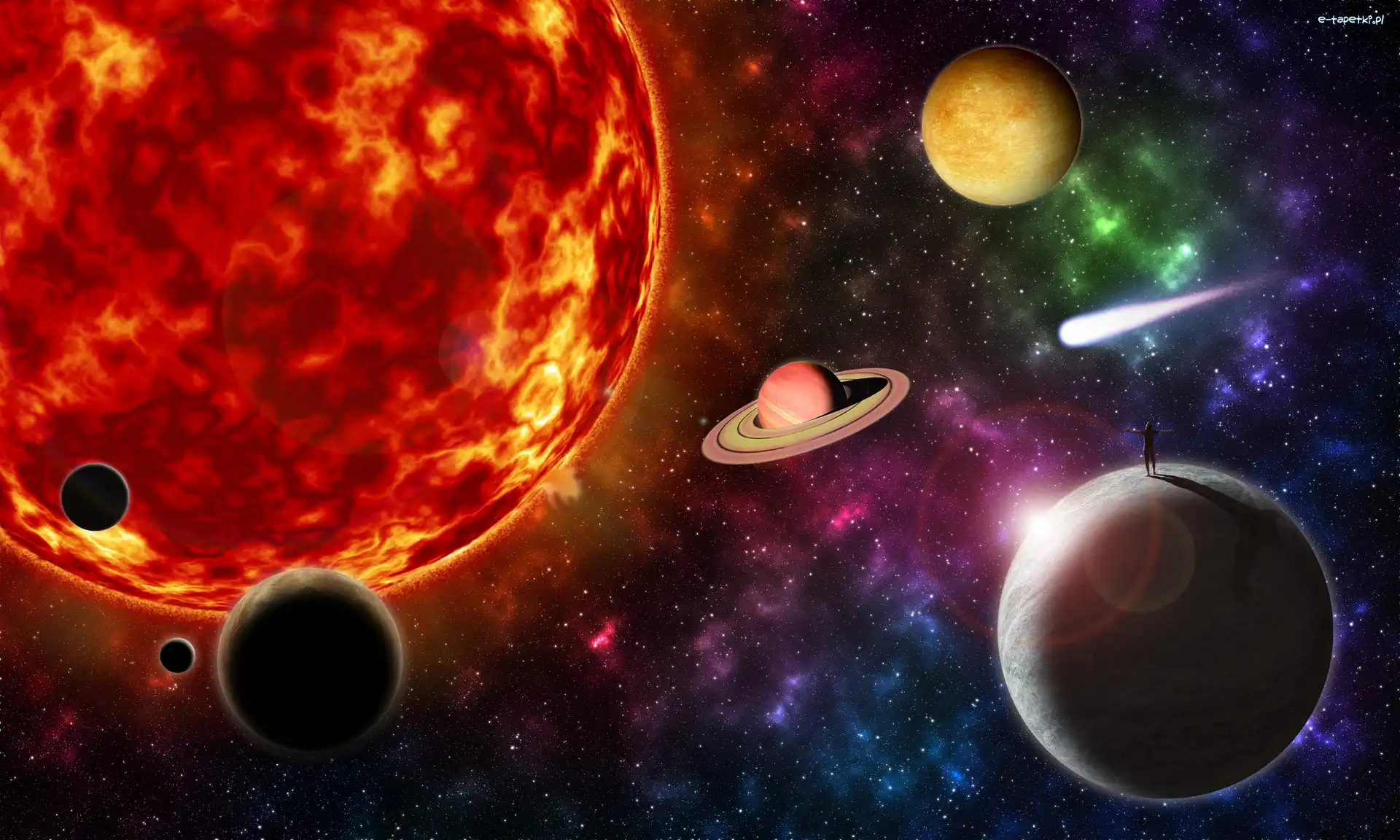 Słońce, Człowiek, Planety, Grafika 3D, Kosmos
