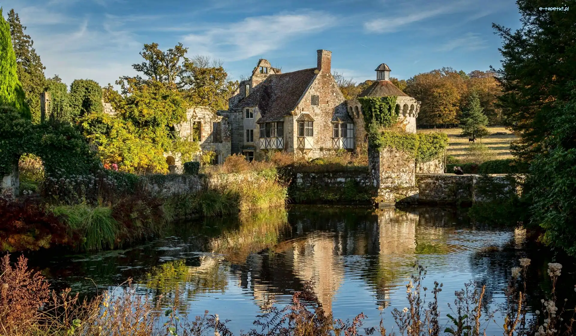 Dworek, Hrabstwo Kent, Staw, Drzewa, Wieś Lamberhurst, Rezydencja, Scotney Castle, Anglia