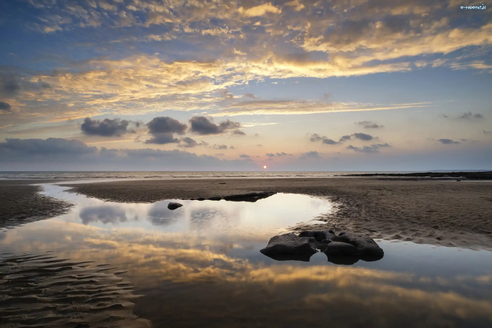 Świt, Dunraven Bay, Chmury, Wschód słońca, Plaża, Walia