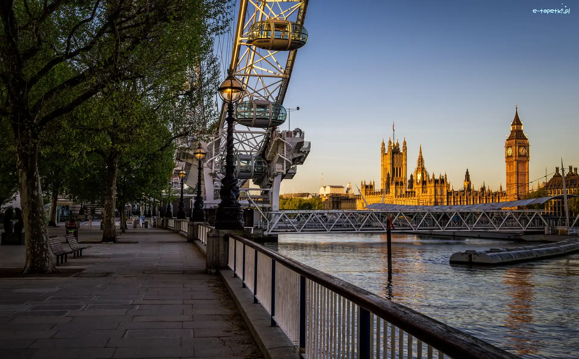 Big Ben, Londyn, London Eye, Koło obserwacyjne, Pałac Westminsterski, Bulwar, Rzeka Tamiza, Anglia