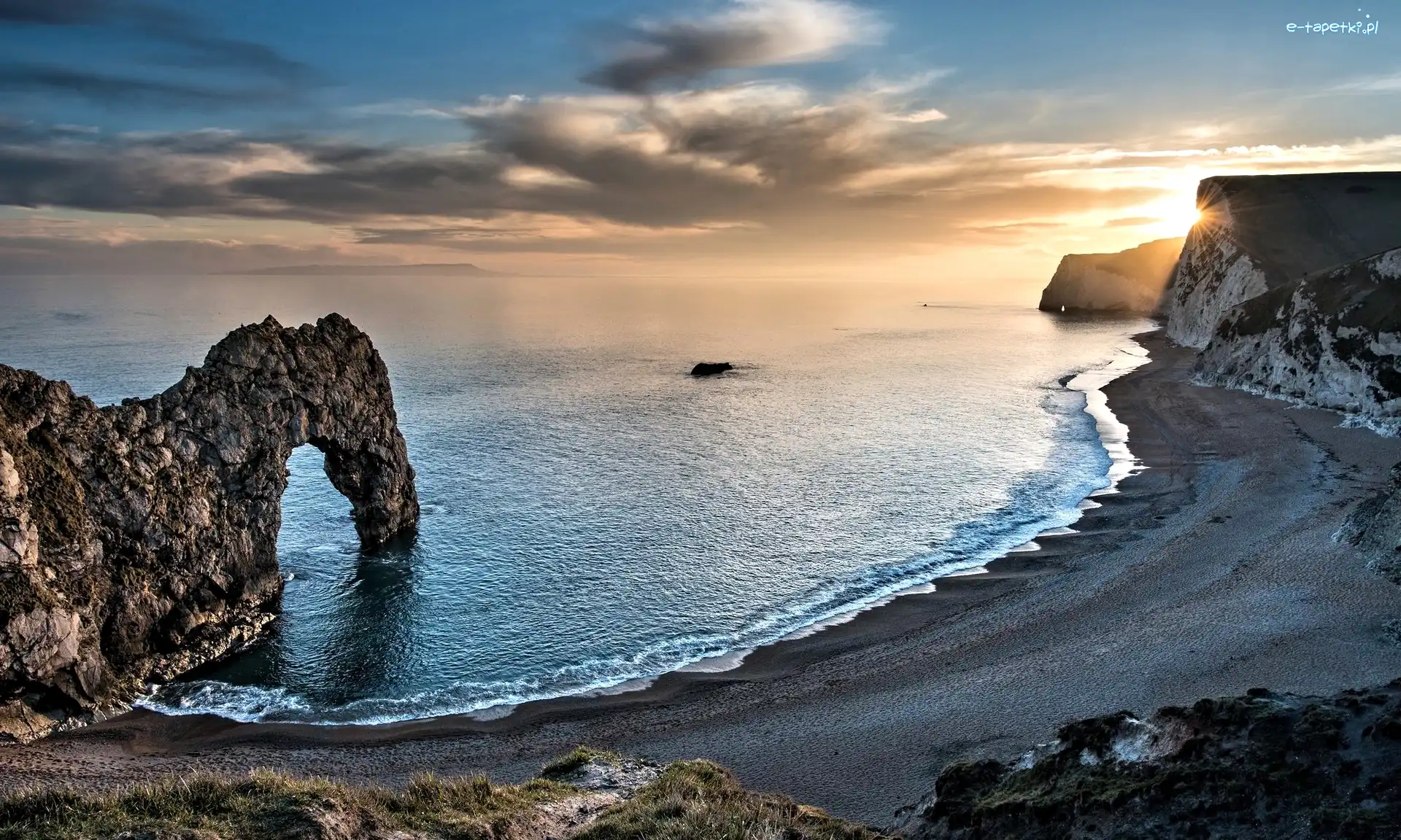 Skały, Wybrzeże Jurajskie, Wschód słońca, Brzeg, Morze, Łuk wapienny, Durdle Door, Anglia