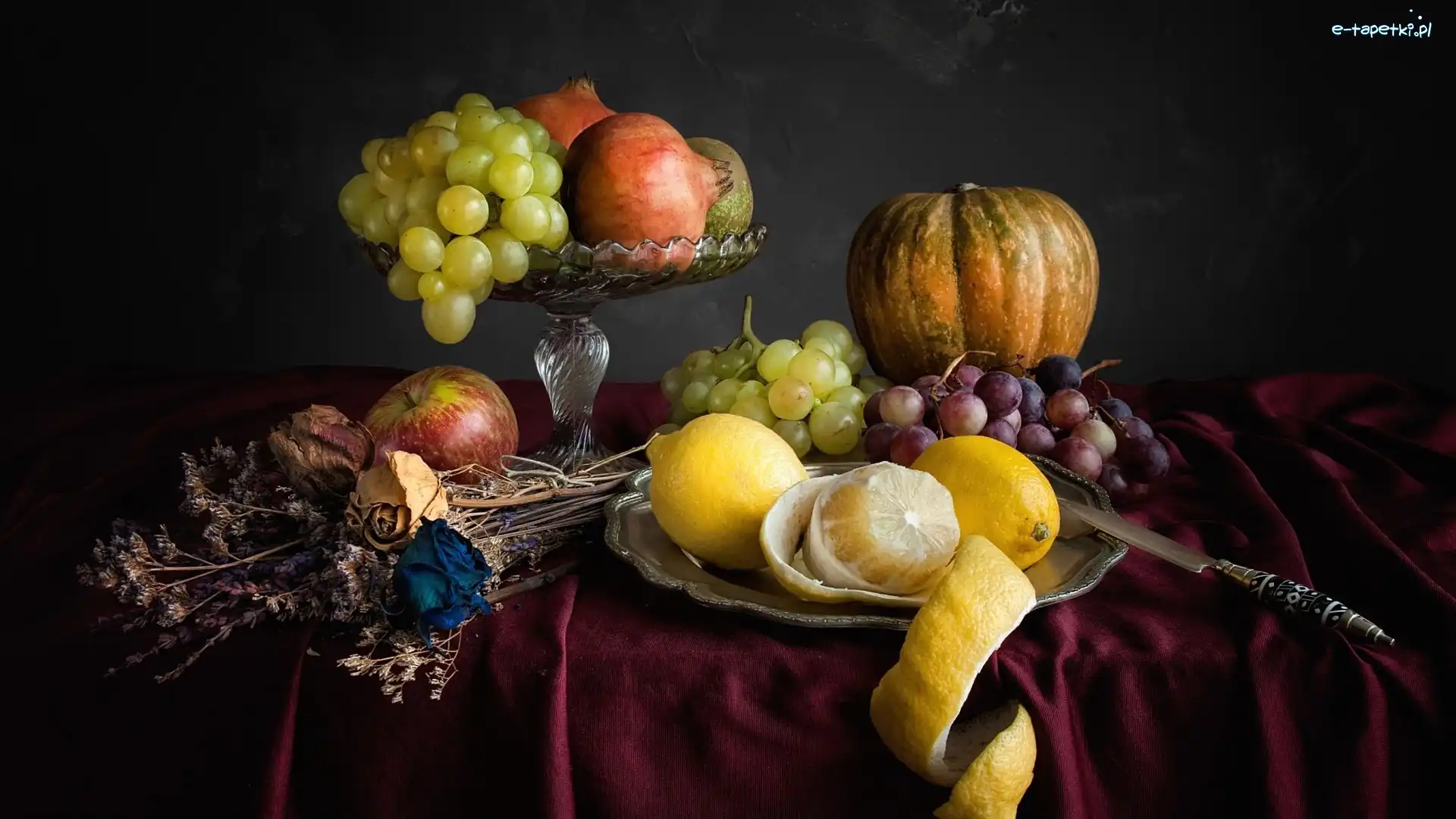 Granaty, Dynia, Cytryny, Owoce, Kompozycja, Patera, Kwiaty, Winogrona, Suszone