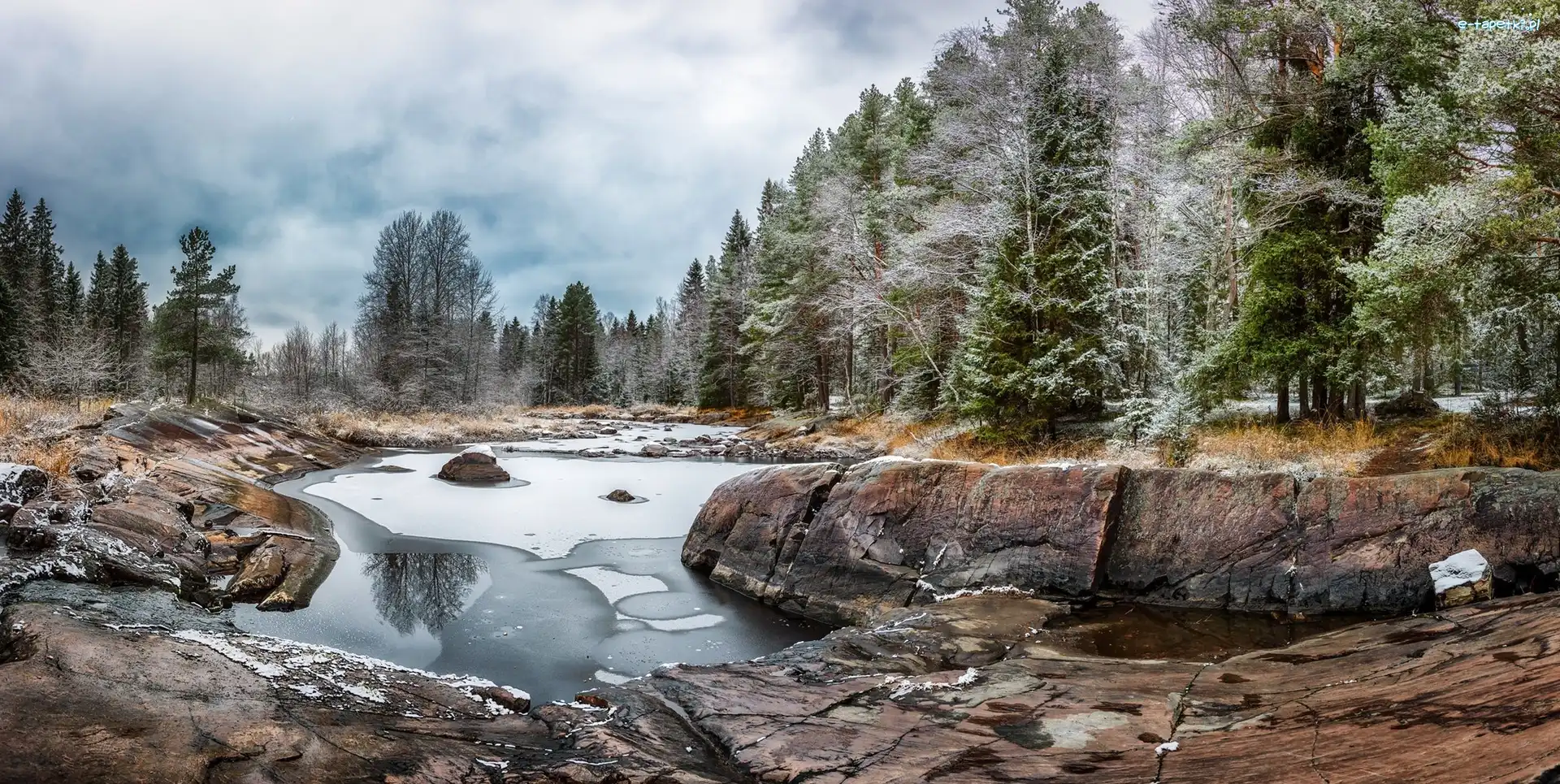 Drzewa, Rzeka Kiiminkijoki, Kamienie, Koitelin, Finlandia, Skały, Las