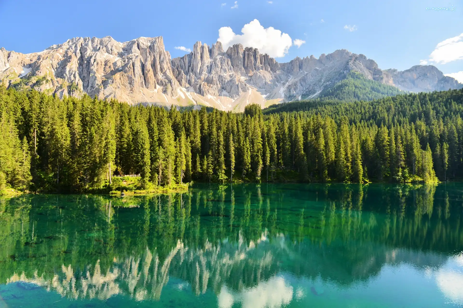 Las, Góry, Jezioro Karersee, Odbicie, Dolomity, Włochy