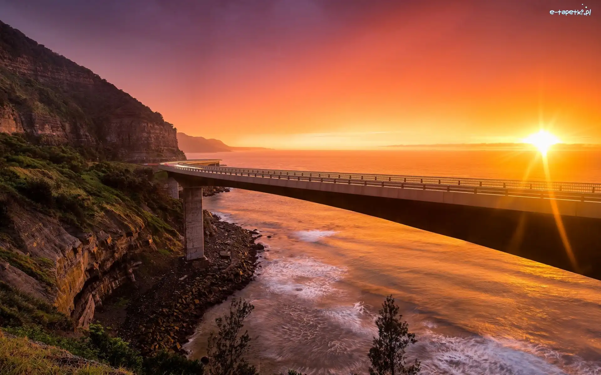Klif, Zachód słońca, Most Sea Cliff Bridge, Morze, Nowa Południowa Walia, Australia