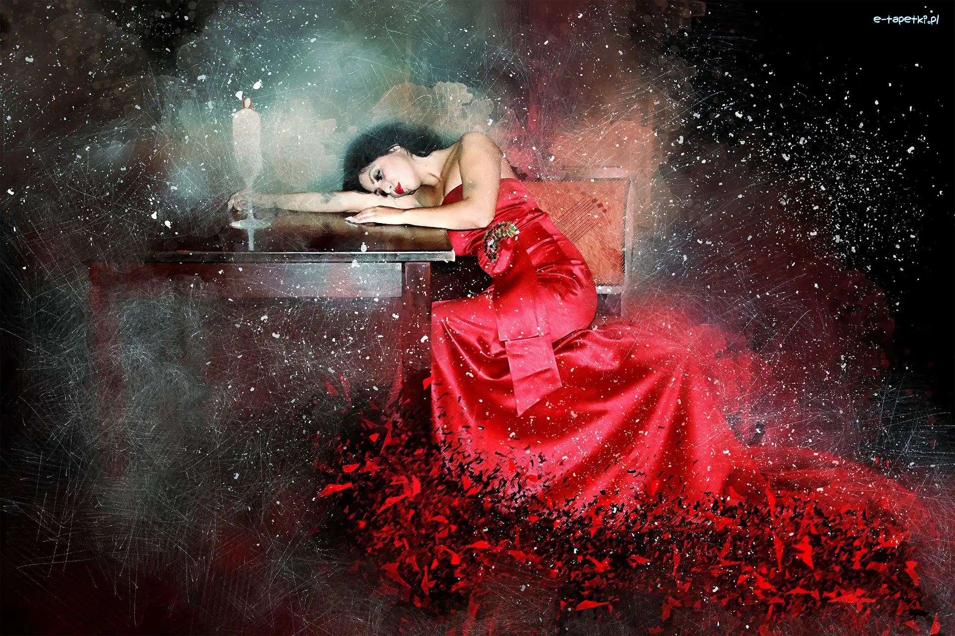 Kobieta, Suknia, Czerwona, Paintography, Stół