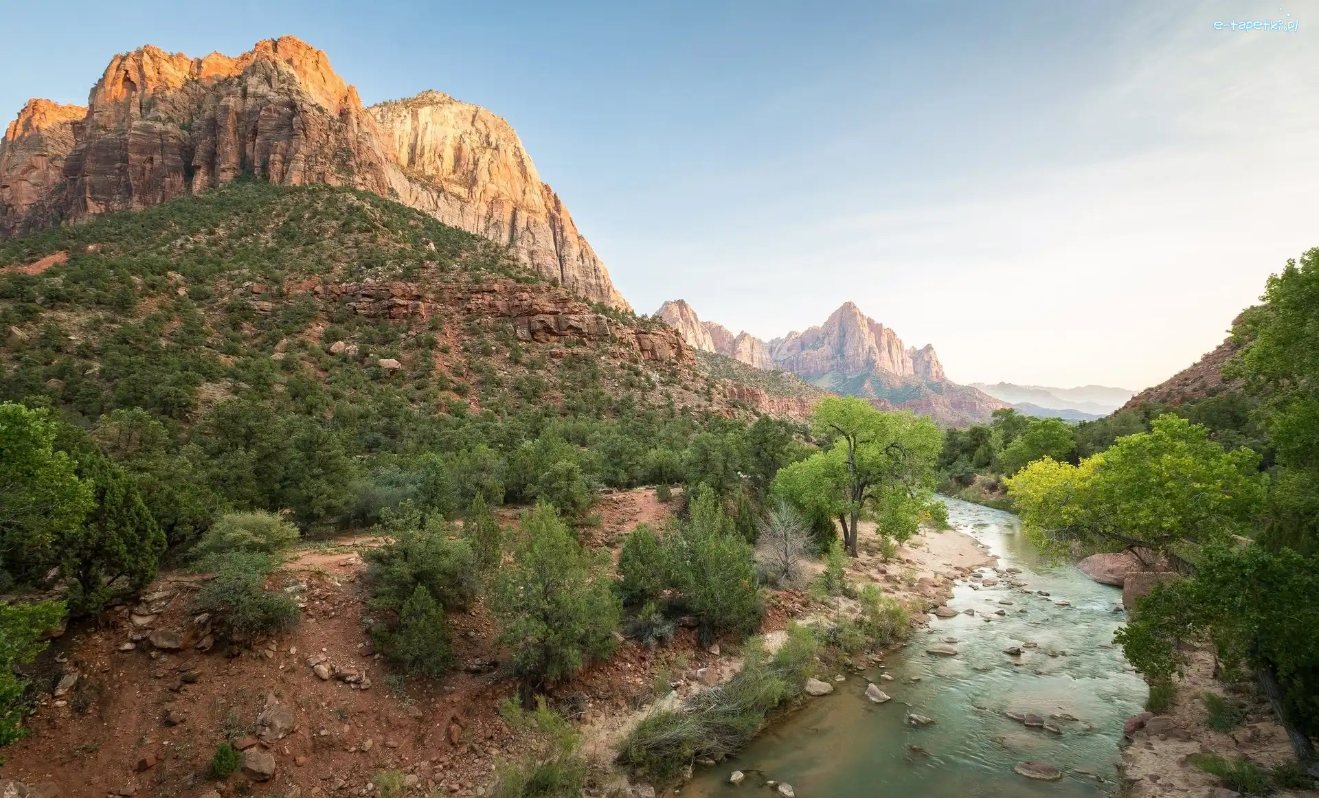 Drzewa, Park Narodowy Zion, Góra Watchman, Stan Utah, Stany Zjednoczone, Rzeka Virgin River, Góry