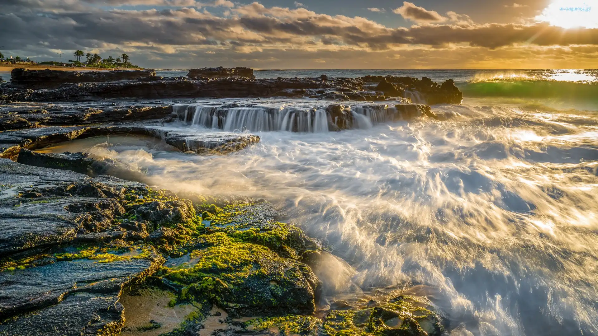 Hawaje, Skały, Ocean Spokojny, Zachód słońca, Morze