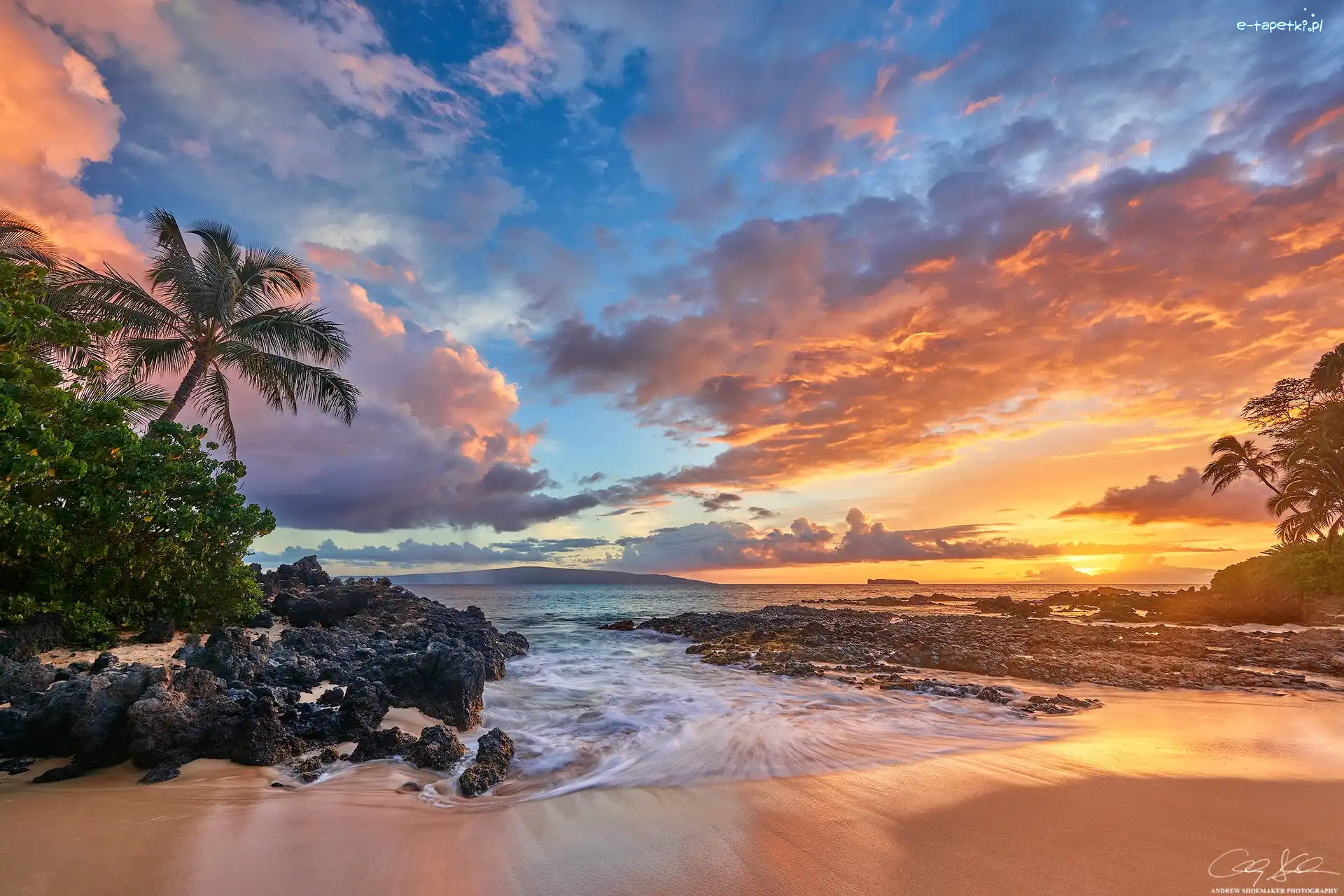 Palmy, Morze, Zachód słońca, Plaża, Wyspa Maui, Hawaje