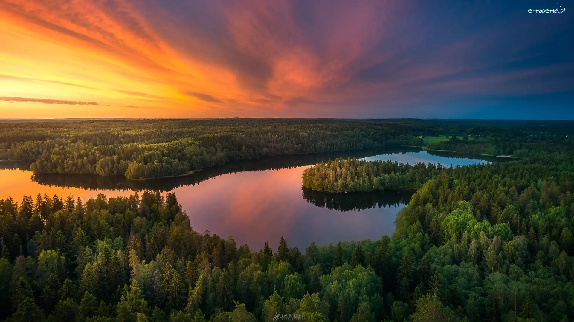 Finlandia, Jezioro Aulangonjärvi, Zachód słońca, Drzewa, Lasy