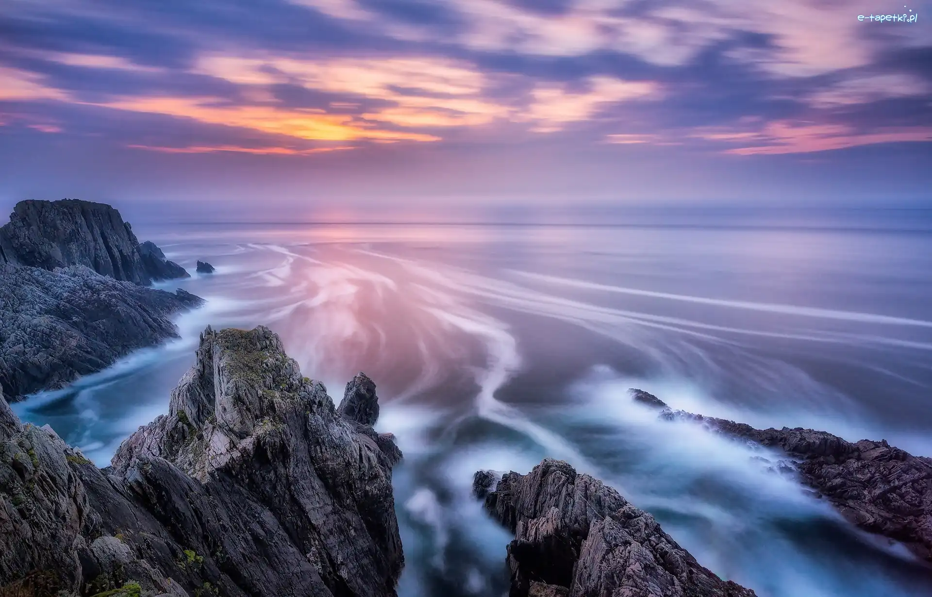 Skały, Przylądek Malin Head, Morze, Zachód słońca, Hrabstwo Donegal, Irlandia